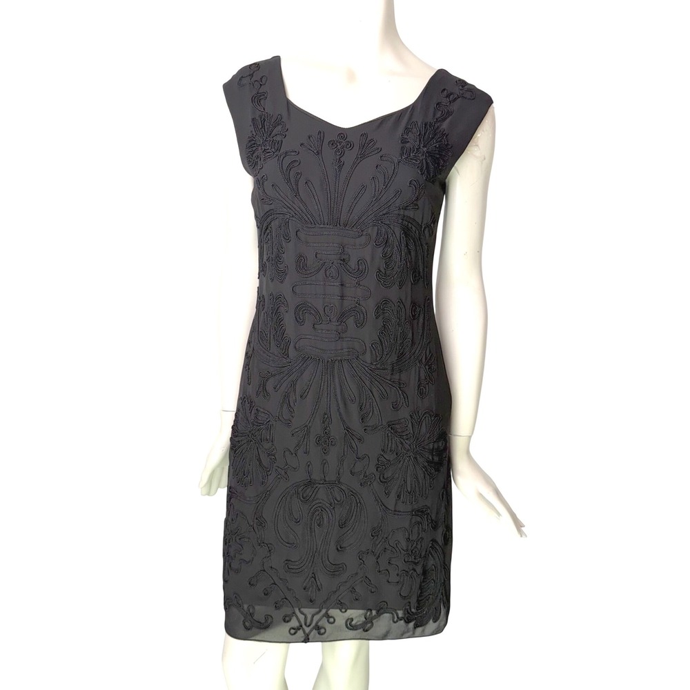 Black Soutache Embroidered Sheath Dress Sleeveless Cocktail Goth Formal Sz M LBD